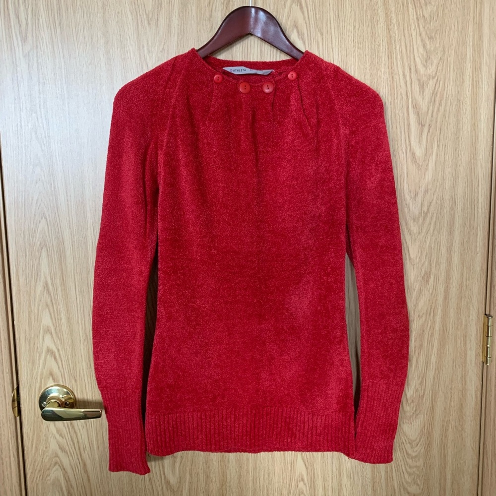 Athleta Red Nylon Plush Long Sleeve Button Trim Active Sweater Woman’s XS